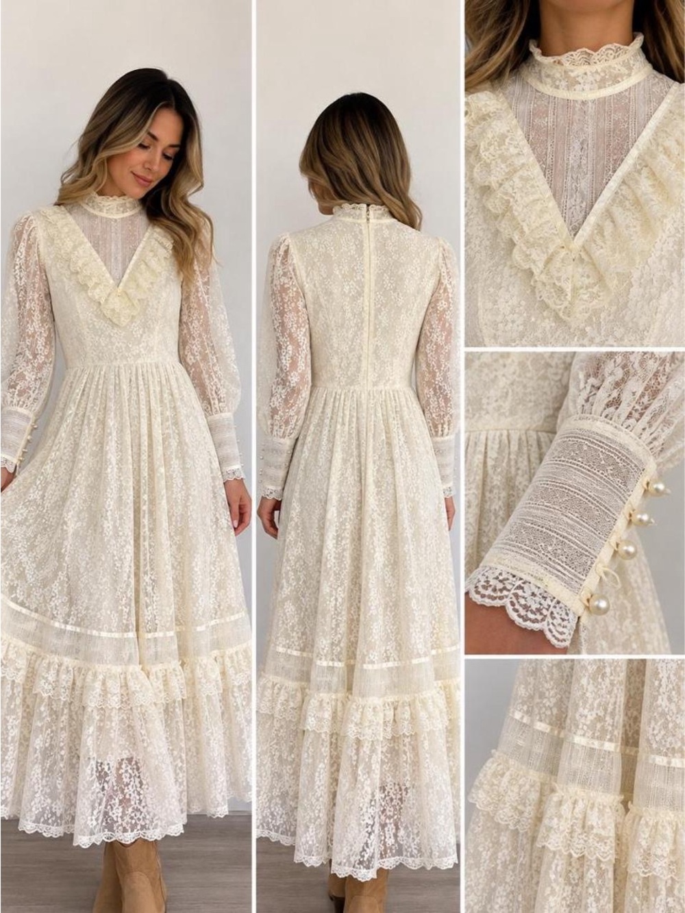 Vintage 1970s Gunne Sax by Jessica Ivory Lace Prairie Maxi Dress